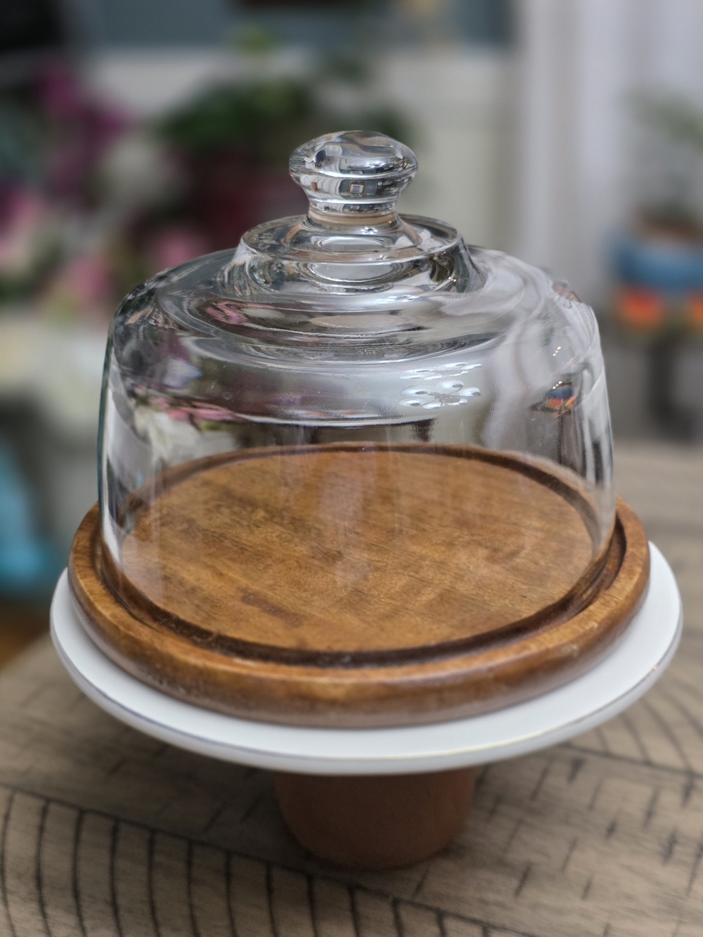 Round Glass Dome Cloche w/ Medium Brown Wood Base Lid 7in